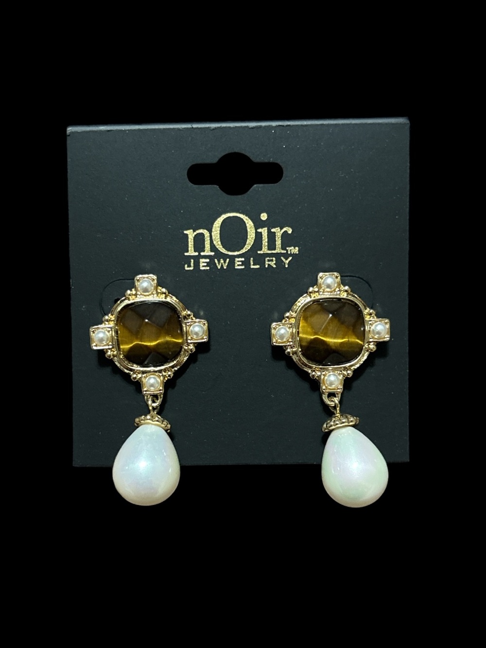 nOir Jewelry Gold-Tone Earrings with Brown Gemstone and White Faux Pearl Drops